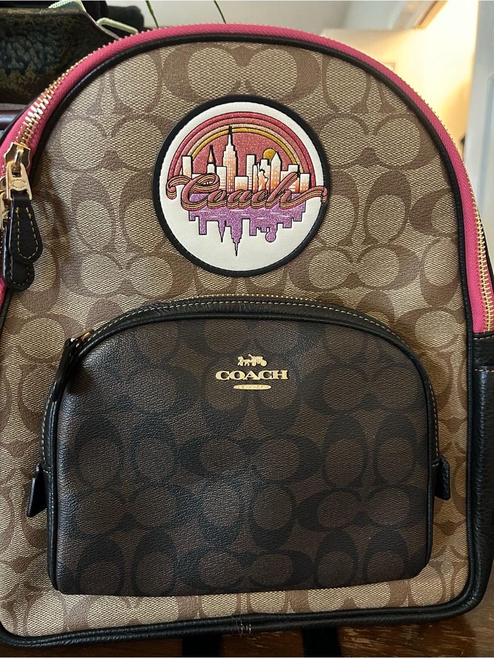 Coach Brown Signature Backpack with Pink and Gold Patch